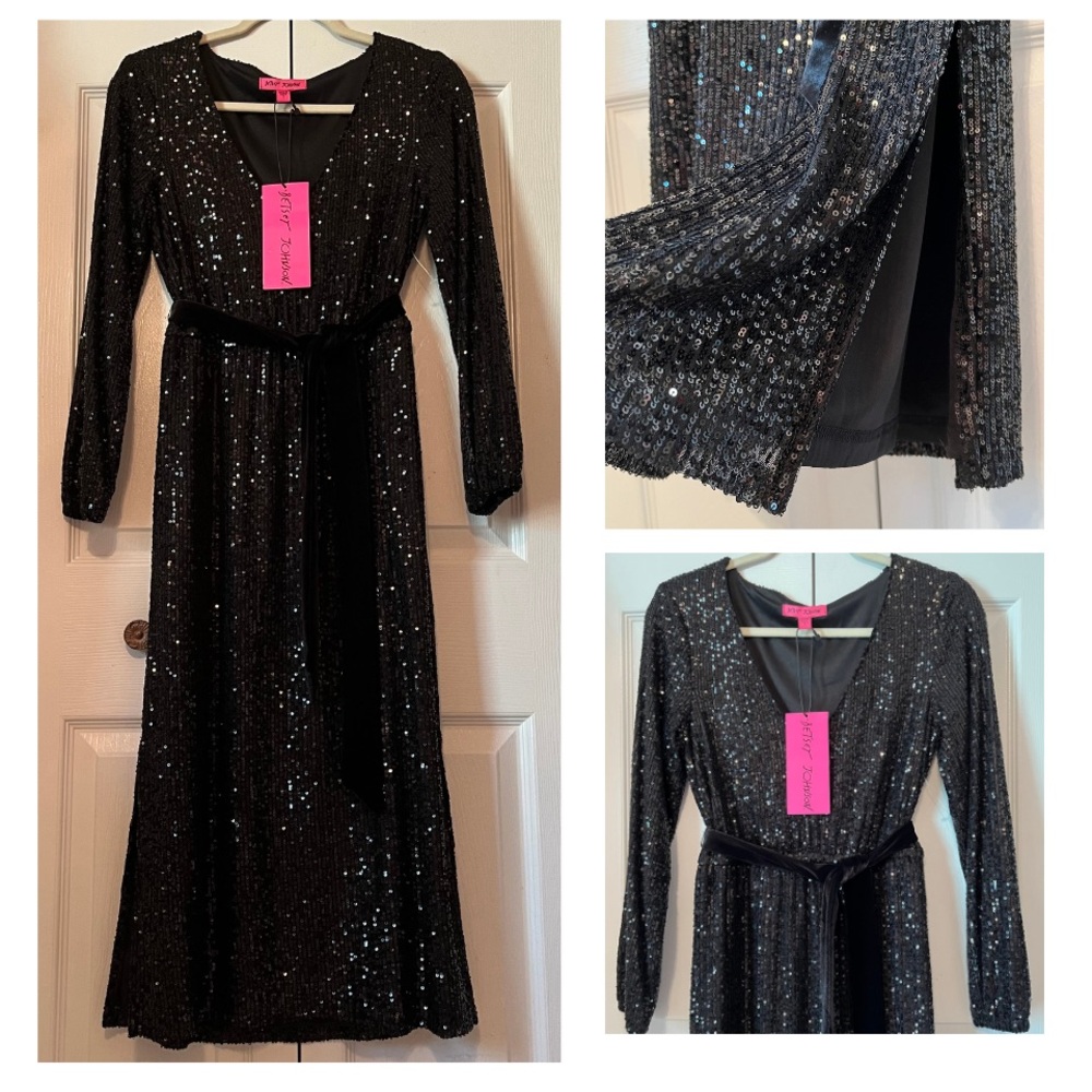 Betsy Johnson Cocktail Party Dress Black Long Sleeve Midi Side Slit Velvet Belt